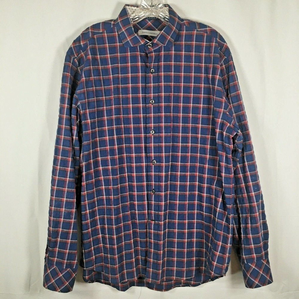 James Campbell‎ Shirt Mens Sz L Blue Paid Long Sleeve Button Up Flip Cuff
